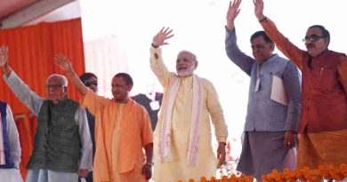 The Prime Minister, Shri Narendra Modi at the foundation stone laying ceremony of Poorvanchal Expressway, in Azamgarh, Uttar Pradesh on July 14, 2018. The Governor of Uttar Pradesh, Shri Ram Naik, the Chief Minister of Uttar Pradesh, Yogi Adityanath and other dignitaries are also seen.