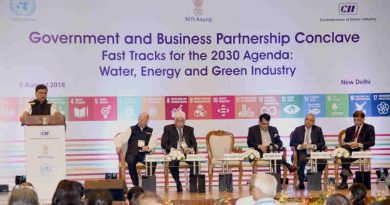 The Minister of State (I/C) for Power and New and Renewable Energy, Shri Raj Kumar Singh addressing at the Government and Business Partnership Conclave on Fast Tracks for the 2030 Agenda: Water, Energy and Green Industry, organised by the NITI Aayog, in New Delhi on August 08, 2018. The CEO, NITI Aayog, Shri Amitabh Kant and other dignitaries are also seen.