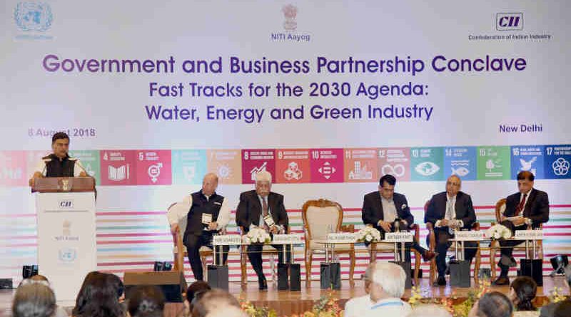 The Minister of State (I/C) for Power and New and Renewable Energy, Shri Raj Kumar Singh addressing at the Government and Business Partnership Conclave on Fast Tracks for the 2030 Agenda: Water, Energy and Green Industry, organised by the NITI Aayog, in New Delhi on August 08, 2018. The CEO, NITI Aayog, Shri Amitabh Kant and other dignitaries are also seen.