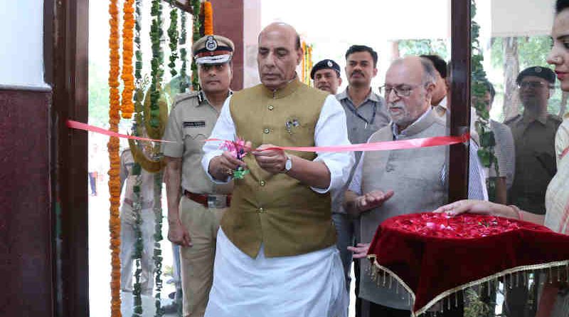 The Union Home Minister, Shri Rajnath Singh inaugurating the building of the Office of DCP South- West district, Police station Delhi Cantt. & Delhi Police Residential complex, in New Delhi on August 10, 2018. The Lieutenant Governor of Delhi, Shri Anil Baijal and the Delhi Police Commissioner, Shri Amulya Patnaik are also seen.
