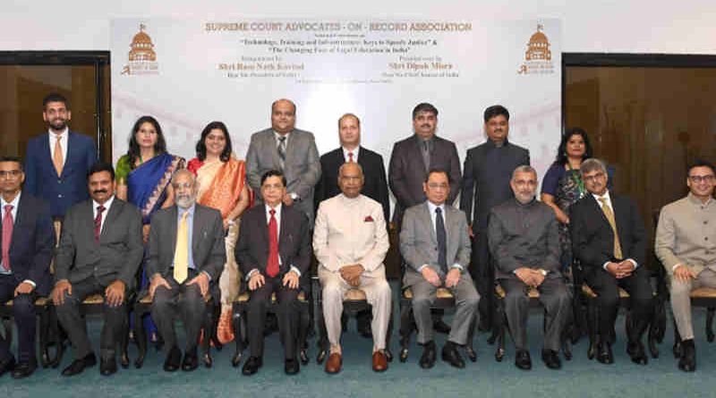 The President, Shri Ram Nath Kovind in a group photograph at the inauguration of the National Conference, organised by the Supreme Court Advocates-on-record Association (SCAORA), in New Delhi on September 01, 2018. The Chief Justice of India, Justice Shri Dipak Misra and other dignitaries are also seen. (file photo)
