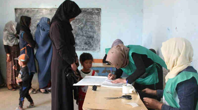 Afghan men and women register as voters at a centre in Bamyan ahead of elections in October 2018. Photo: UNAMA/Jaffar Rahim