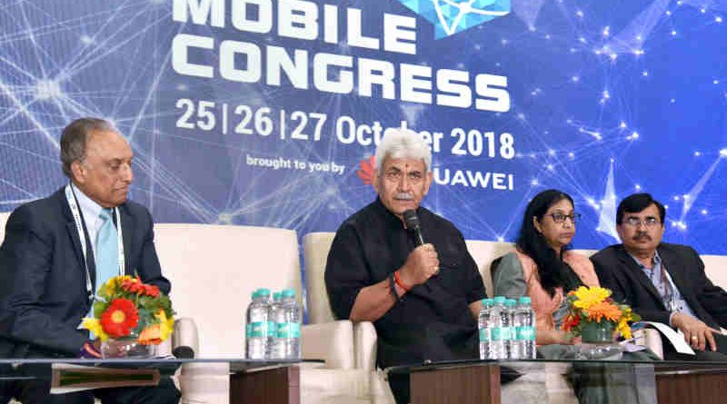 Manoj Sinha addressing the press conference on the outcomes of India Mobile Congress-2018, in New Delhi on October 27, 2018. The Secretary, (Telecom), Ms. Aruna Sundararajan and other dignitaries are also seen.