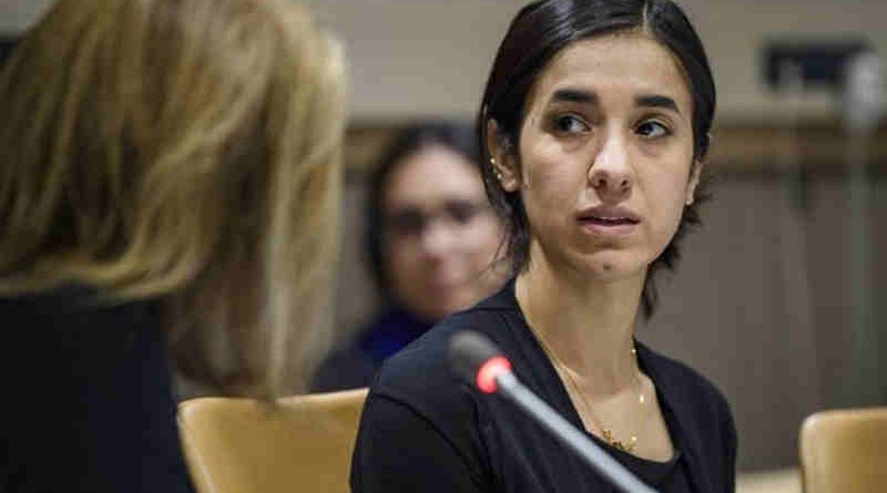 2018 Nobel Peace Prize winner, Nadia Murad, is the UNODC Goodwill Ambassador for the Dignity of Survivors of Human Trafficking. In this photo from 2017, she is participating in a panel discussion at UN Headquarters in New York. UN Photo/Manuel Elias