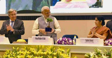 The Prime Minister, Shri Narendra Modi at the inauguration of 1st Assembly of International Solar Alliance (ISA), 2nd IORA Renewable Energy Ministerial Meet & 2nd Global RE-Invest 2018, in New Delhi on October 02, 2018. The Secretary General of the United Nations, Mr. Antonio Guterres and the Union Minister for External Affairs, Smt. Sushma Swaraj are also seen.