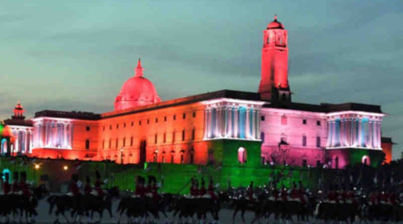 A view of the illuminated Rashtrapati Bhavan, South and North Block, during the ‘Beating Retreat’ ceremony, at Vijay Chowk, in New Delhi on January 29, 2019. Photo: PIB (Representational image)