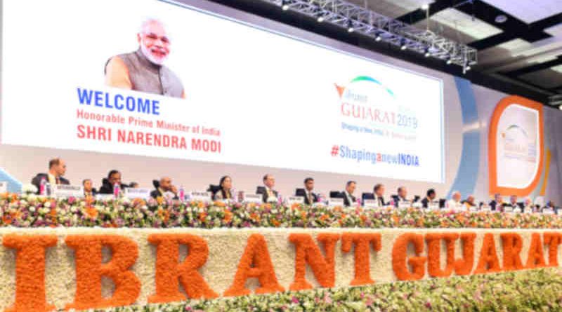 Narendra Modi and other dignitaries at the inaugural session of the 9th Vibrant Gujarat Global Summit, at Mahatma Mandir Exhibition cum Convention Centre, in Gandhinagar, Gujarat on January 18, 2019