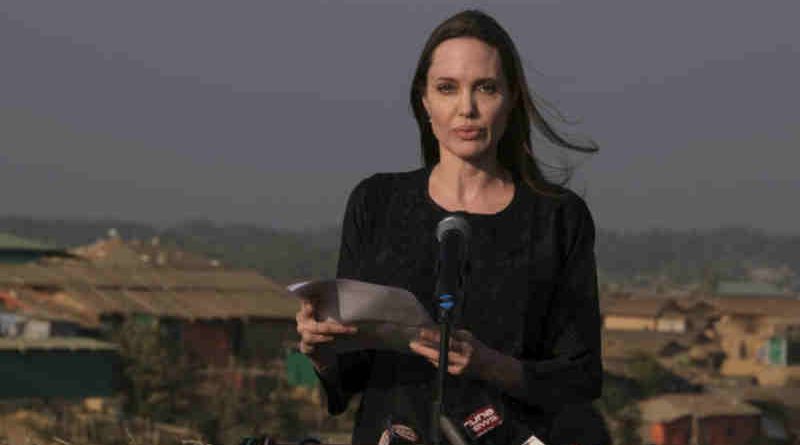 UNHCR Special Envoy Angelina Jolie speaks at a press conference in Bangladesh’s Kutupalong refugee camp. Photo: UNHCR / Santiago Escobar-Jaramillo