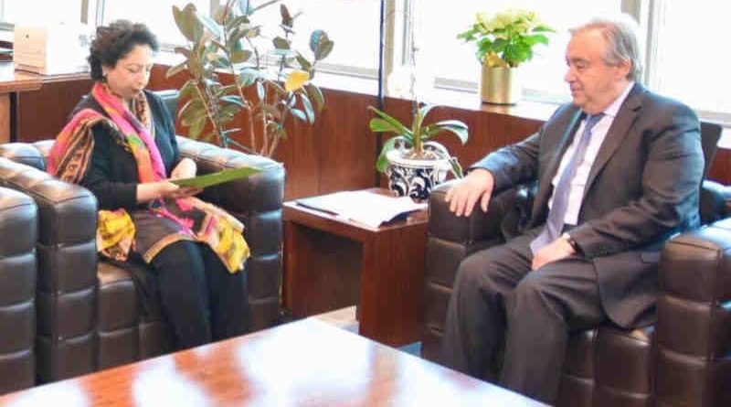 Pakistan's Ambassador at the UN in New York Maleeha Lodhi meeting the UN Secretary General Antonio Guterres on February 20, 2019 to discuss Kashmir issue. (file photo)