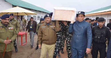 An Indian minister Rajnath Singh shouldering the coffin of a martyred CRPF Jawan, at the Regional Training Centre, in Srinagar on February 15, 2019. Photo: PIB (file photo)