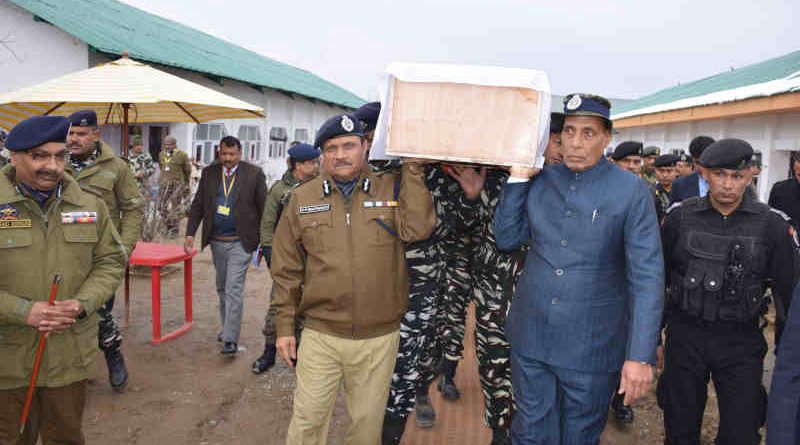 An Indian minister Rajnath Singh shouldering the coffin of a martyred CRPF Jawan, at the Regional Training Centre, in Srinagar on February 15, 2019. Photo: PIB (file photo)