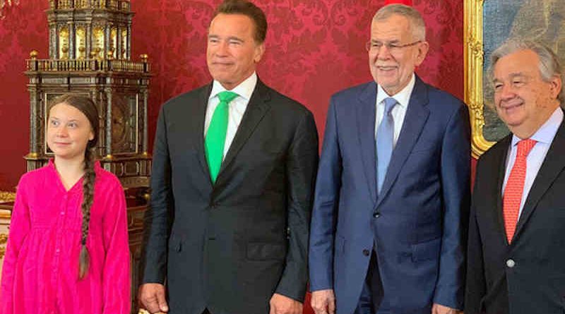 Climate activist, Greta Thunberg (l), former Governor of California, Arnold Schwarzenegger, Austrian President Alexander Van der Bellen and the UN Secretary-General António Guterres (r) meet at the R20 Austria World Summit in Vienna. (28 May 2019). Photo: UN Vienna / Nikoleta Haffar (file photo)