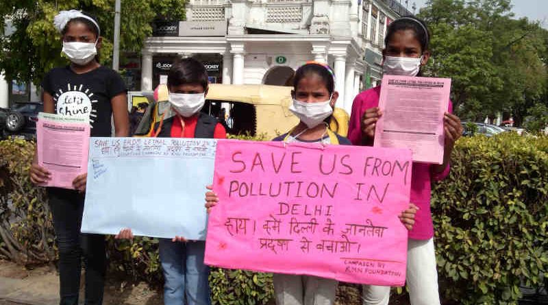 Children – who studied at the RMN Foundation free school – participating in a pollution-control campaign in Delhi. Photo and Campaign by Rakesh Raman, founder, RMN Foundation. (file photo)