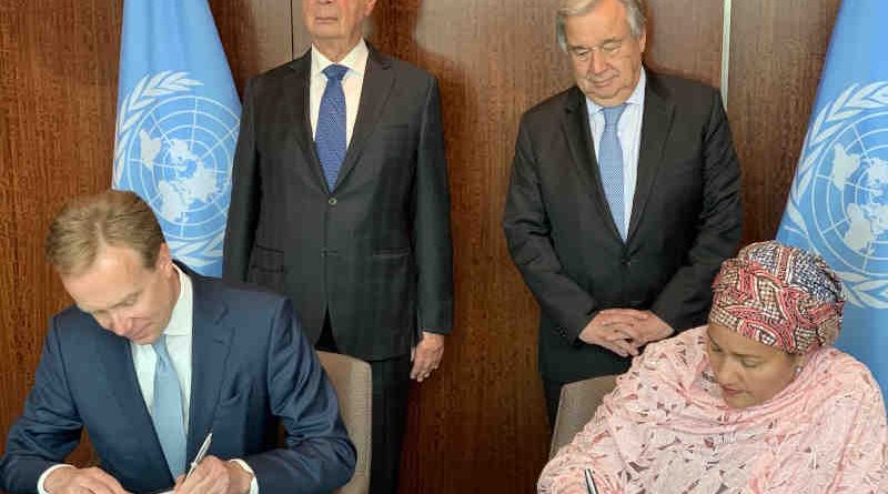 The UN-Forum Partnership was signed in a meeting held at United Nations headquarters between UN Secretary-General António Guterres and World Economic Founder and Executive Chairman Klaus Schwab. Photo: WEF