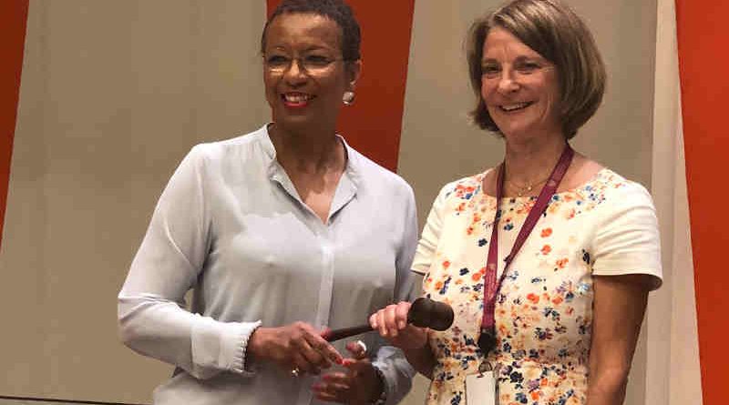 Outgoing President of UNECOSOC Ambassador Rhonda King handing the gavel to the new President of ECOSOC Ambassador Mona Juul of Norway. Photo: UNECOSOC