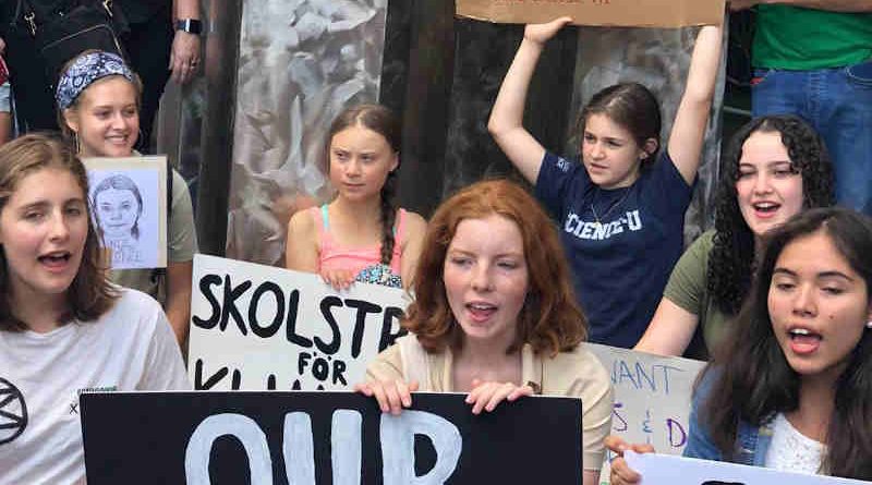 The Swedish teenage climate activist, Greta Thunberg joins other young people for a school strike or demonstration outside the United Nations in New York on 30 August 2019. UN Photo/Manuel Elias