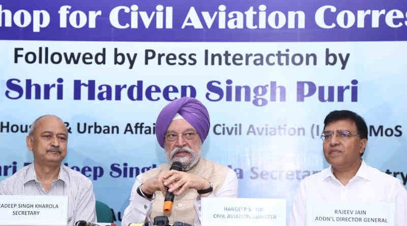 Hardeep Singh Puri addressing the media workshop for civil aviation correspondents, in New Delhi on August 29, 2019. Photo: PIB