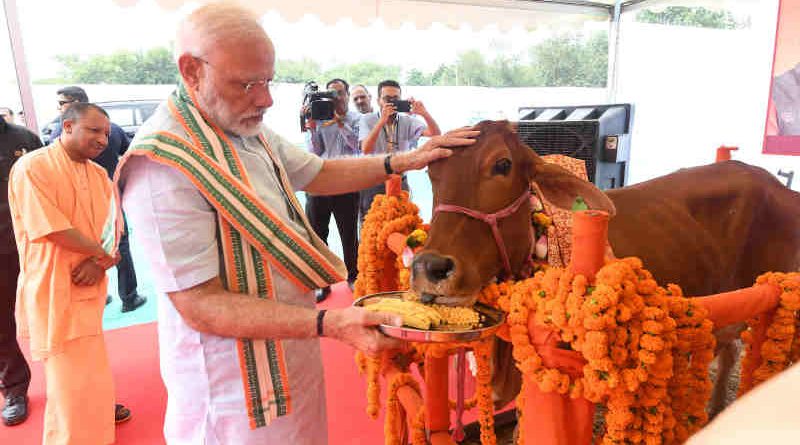 Narendra Modi visits Pashu Vigyan Evam Arogya Mela, in Mathura, Uttar Pradesh on September 11, 2019. The Chief Minister of Uttar Pradesh, Yogi Adityanath is also seen. Photo: PIB (file photo)