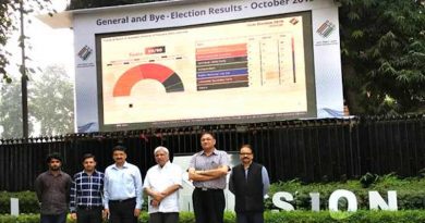 Team ICT headed by Dr Sandeep Saxena, Sr Deputy Election Commissioner, and others with Sunil Arora, Chief Election Commissioner, in front of the Election Trends TV Panel at Nirvachan Sadan, New Delhi on October 24, 2019. Photo: PIB