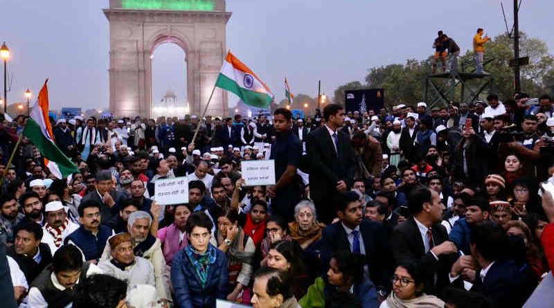 Congress leader Priyanka Gandhi holding a massive rally in New Delhi on December 16, 2019 to protest against the Modi government's anti-Muslim laws. Photo: Congress