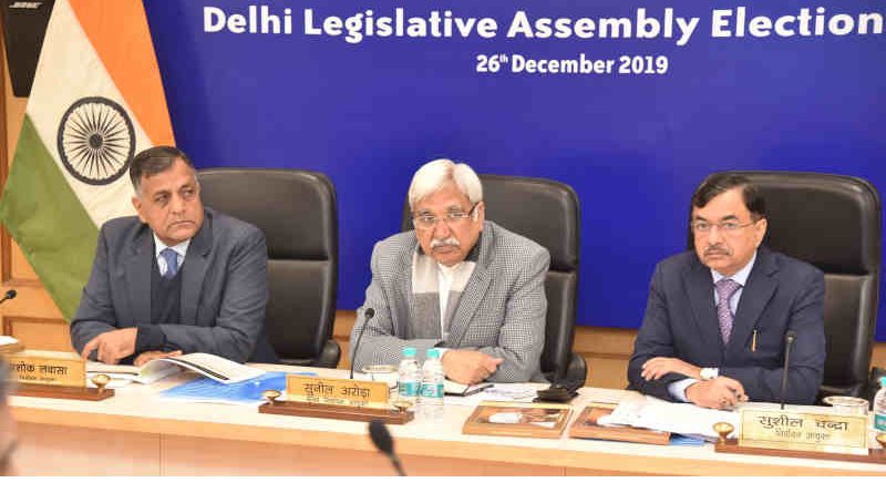 The Chief Election Commissioner, Sunil Arora reviews the meeting on poll preparedness for Delhi Assembly Election, in New Delhi on December 26, 2019. The Election Commissioners, Ashok Lavasa and Sushil Chandra are also seen. Photo: PIB