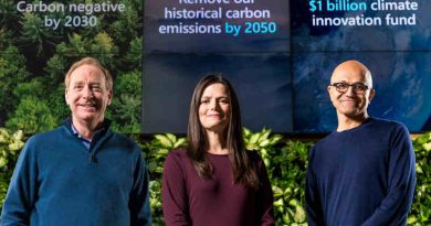 Microsoft President Brad Smith, Chief Financial Officer Amy Hood, and CEO Satya Nadella preparing to announce Microsoft’s plan to be carbon negative by 2030 on January 15, 2020. Photo: Microsoft / Brian Smale