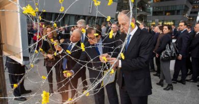 NATO Deputy Secretary General Mircea Geoană and Francesco Talò (Italian Permanent Representative to NATO) at the unveiling of art installation “Dandelions” at a ceremony hosted by the Italian delegation to NATO, marking the International Holocaust Remembrance Day. Photo: NATO