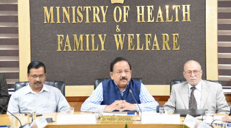 The Union Minister for Health & Family Welfare, Dr. Harsh Vardhan chairing the review and coordination meeting on COVID-19, in New Delhi on March 09, 2020. The Lt. Governor of Delhi, Anil Baijal and the Chief Minister of Delhi, Arvind Kejriwal are also seen. Photo: PIB