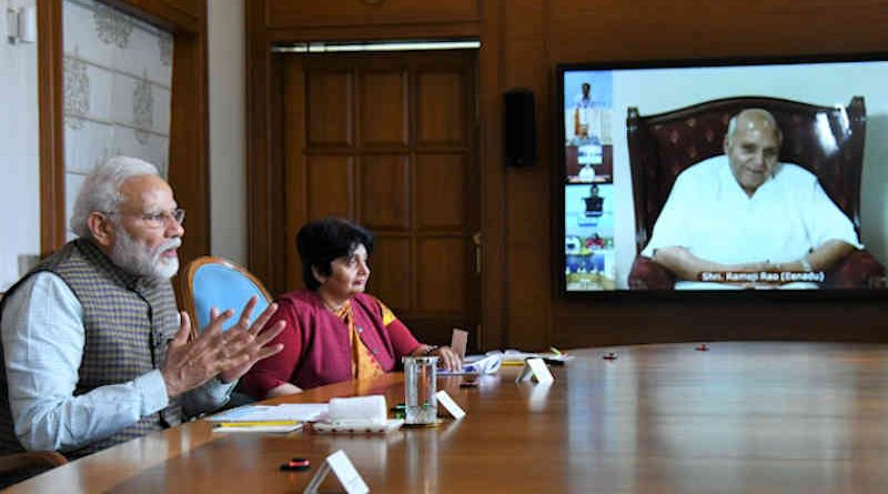 Narendra Modi speaking about Covid-19 through video conference in New Delhi on March 24, 2020. Photo: PIB (file photo)