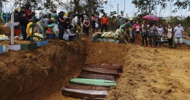 Relatives mourn at the site of a mass burial at the Nossa Senhora Aparecida cemetery, in Manaus, Amazonas state, Brazil. The cemetery is carrying out burials in common graves due to the large number of deaths from COVID-19 disease, according to a cemetery official. Photo: Edmar Barros / AP