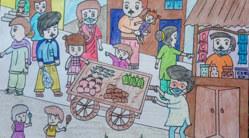 Illustration shows that people in Delhi do not observe precautionary Covid guidelines such as social-distancing and most people roam in the streets without wearing face masks. Illustration for RMN News Service by 13-year-old school student Imrana who lives in Delhi.
