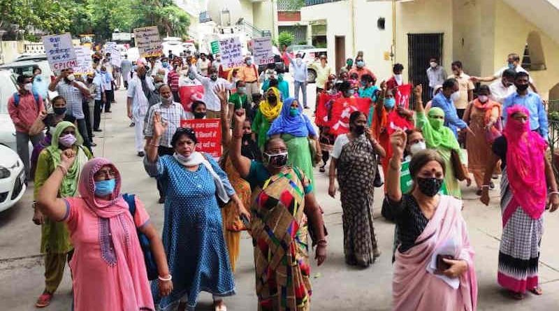 CPI(M) leader Ms Brinda Karat leading the protesters in Delhi on August 26, 2020. Photo: CPI(M) [ File Photo ]