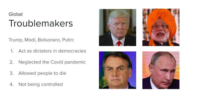 Global Troublemakers. These nations ruled by the autocratic rulers – Donald Trump, Narendra Modi, Jair Bolsonaro, and Vladimir Putin – operate under the garb of democratic systems. They win elections by hook or by crook and then operate as cruel kings. So, the democracy in these countries has been reduced to a mere farce. Photo: RMN News Service