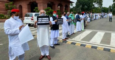 Members of Parliament (MPs) in India protesting in the Parliament complex on September 23, 2020 against the new farm laws announced by the government. Photo: Congress (file photo)