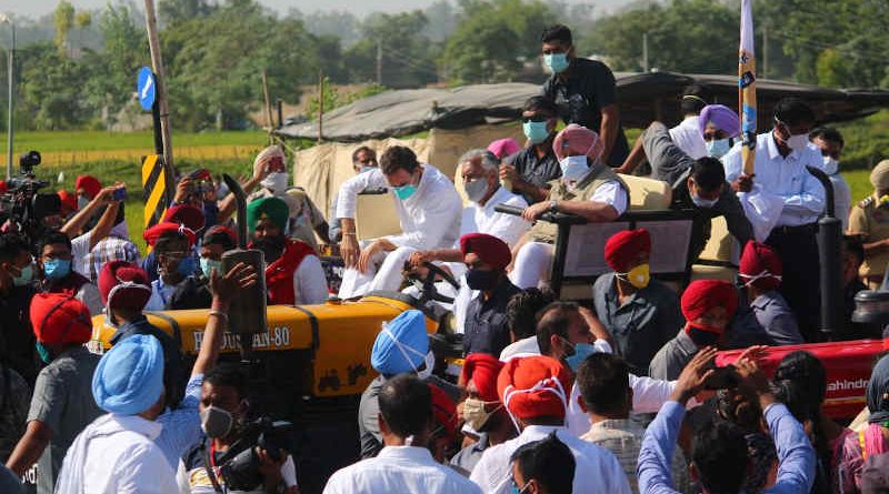 Congress leader Rahul Gandhi participating in a farmers' protest in Punjab on October 4, 2020. Photo: Congress