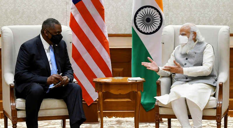 The U.S. Defence Secretary, Mr. Lloyd Austin calls on India's Prime Minister, Narendra Modi, in New Delhi on March 19, 2021. Photo: PIB