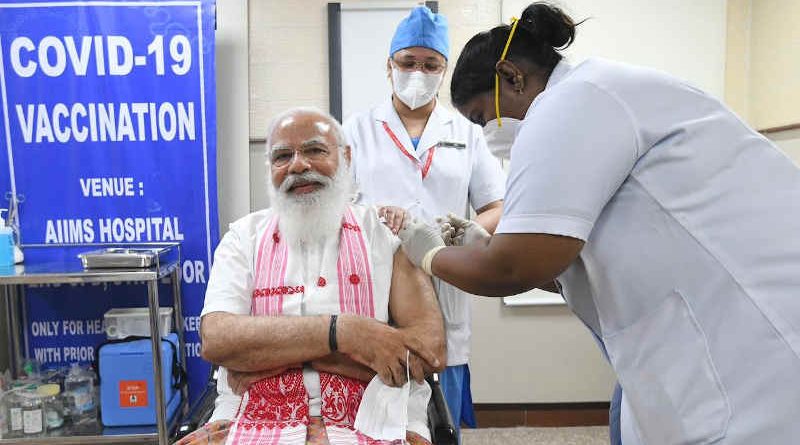 Prime Minister (PM) of India Narendra Modi taking Covid-19 vaccine at Delhi’s All India Institute of Medical Sciences (AIIMS) on March 1, 2021. Photo: Narendra Modi / Twitter