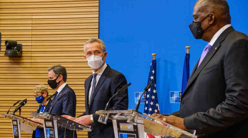 Joint press conference by NATO Secretary General Jens Stoltenberg, US Secretary of State Antony J. Blinken and US Secretary of Defense Lloyd J. Austin III. Photo: NATO