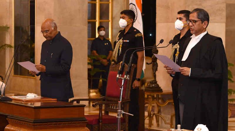 Justice Nuthalapati Venkata Ramana sworn in as the Chief Justice of the Supreme Court of India by the President of India Ram Nath Kovind on April 24, 2021 at the Rashtrapati Bhavan. Photo: Rashtrapati Bhavan (file photo)