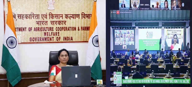 The Minister of State for Agriculture and Farmers Welfare, Ms Shobha Karandlaje virtually addressing the Ministerial Roundtable on “ Transforming Food Systems for Achieving the SDGs: Rising to the Challenge”, organised by the United Nations as part of the UN Food Systems Pre-Summit, in New Delhi on July 27, 2021. Photo: PIB