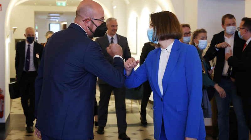 Charles Michel, President of the European Council with exiled Belarusian opposition leader Svetlana Tikhanovskaya. Photo: European Council / Twitter