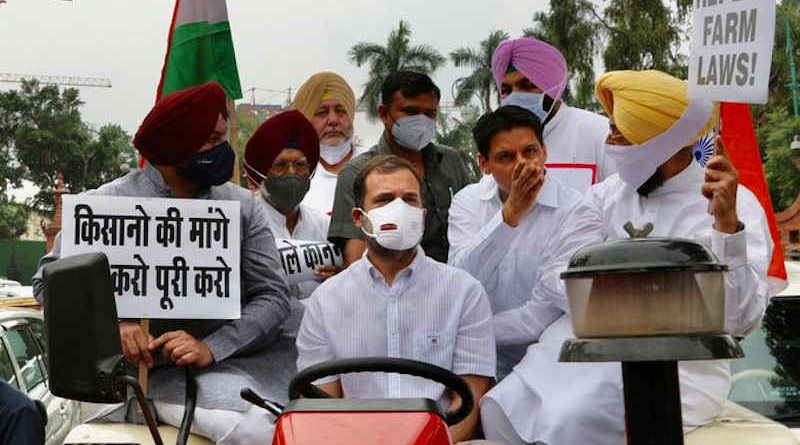 Congress leader Rahul Gandhi driving a tractor in New Delhi on July 26, 2021 to highlight farmers' demands. Photo: Congress