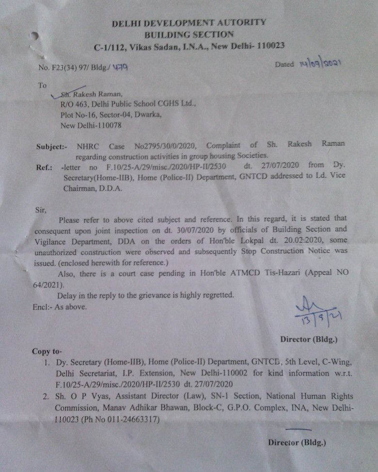 DDA letter dated 14.09.2021 informing me (Rakesh Raman) that unauthorized FAR construction at DPS CGHS has been stopped under directions from NHRC and Lokpal.