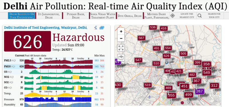 Delhi Air Pollution: The Real-time Air Quality Index (AQI) on November 5, 2023 shows hazardous air quality level in Delhi.