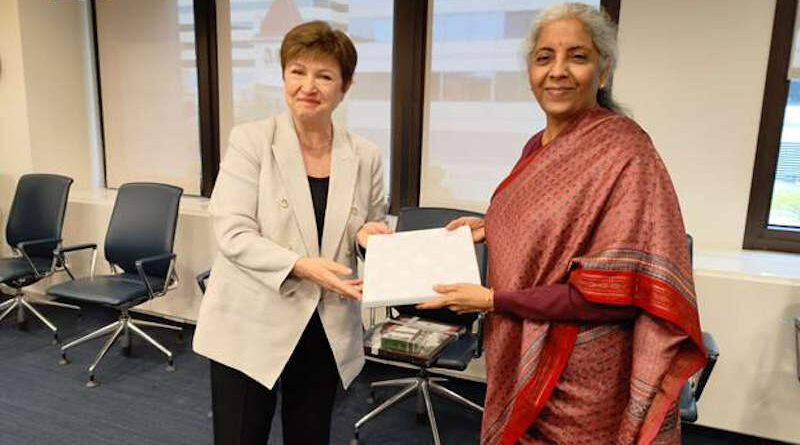 India's Union Minister for Finance & Corporate Affairs Ms Nirmala Sitharaman and Ms Kristalina Georgieva, Managing Director, International Monetary Fund (IMF) in Washington D.C. on April 19, 2022. Photo: PIB