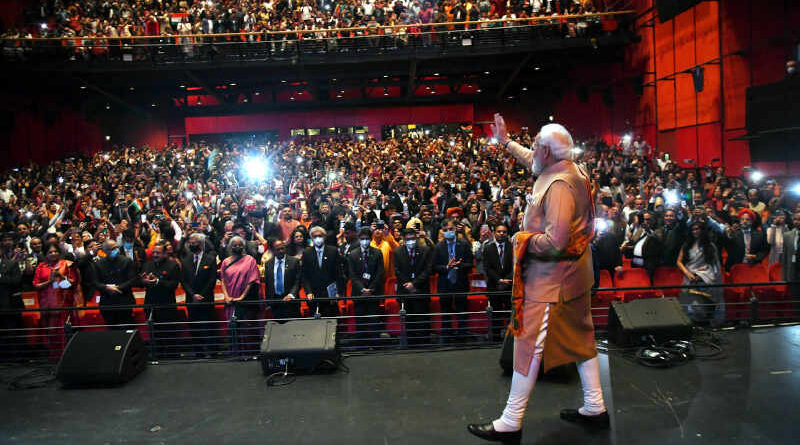 The prime minister of India Narendra Modi at the Community Reception in Berlin, Germany on May 02, 2022. Photo: PIB
