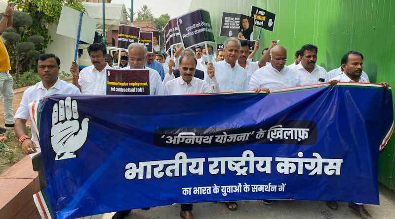 Congress leaders protesting against the Agnipath recruitment scheme on June 20, 2022 in New Delhi. Photo: Congress
