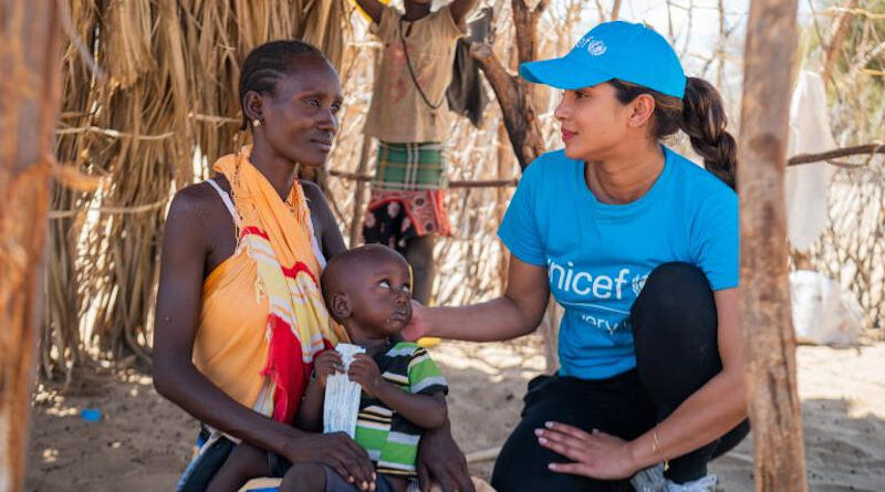 UNICEF Goodwill Ambassador Priyanka Chopra Jonas meets 2-year-old Apolo Lokai who is being treated for malnutrition with a sachet of ready-to-use therapeutic food (RUTF). Photo: UNICEF