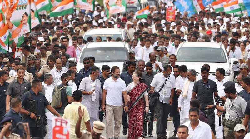 Congress leaders Rahul Gandhi and Sonia Gandhi participating in the Bharat Jodo Yatra or “Unite India March” in Karnataka on October 6, 2022. Photo: Congress