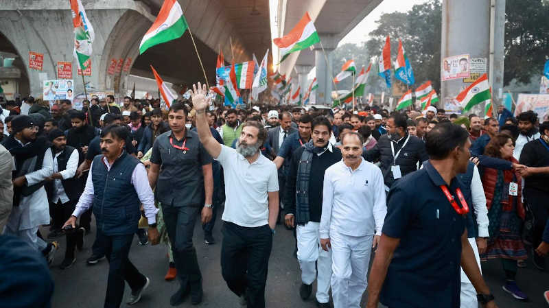 Congress leader Rahul Gandhi leading the Bharat Jodo Yatra (or Unite India March) in New Delhi on December 24, 2022. Photo: Congress (file photo)